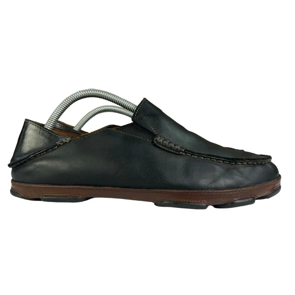 Olukai Maloa Loafers Mens 9.5 Black Leather Back Drop Heels‎ Shoes